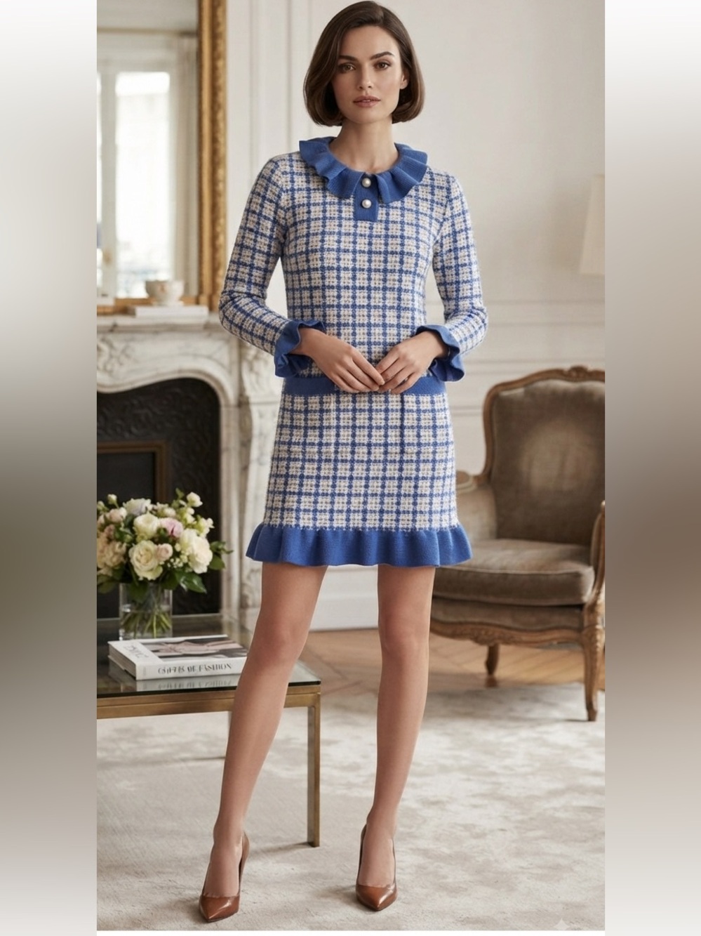 Blue white check knit ruffle trim sweater dress